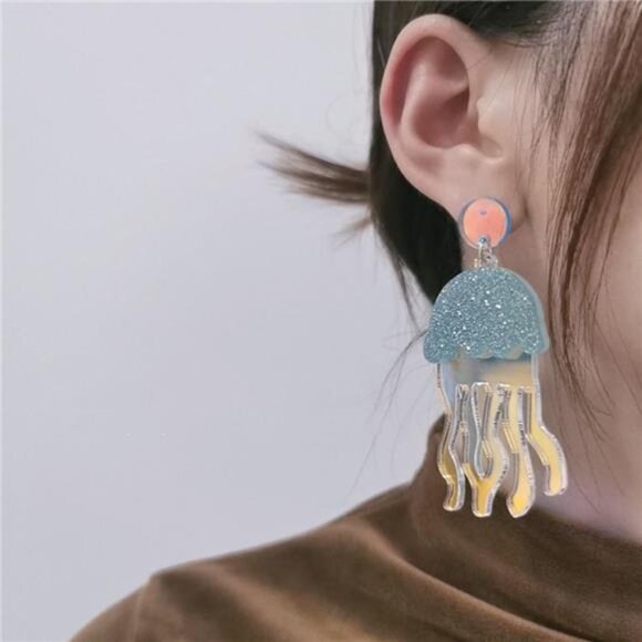 Blue Jellyfish Earrings | Long Tassel Dangle Acrylic Drop Earrings for Women - Picture 1 of 5